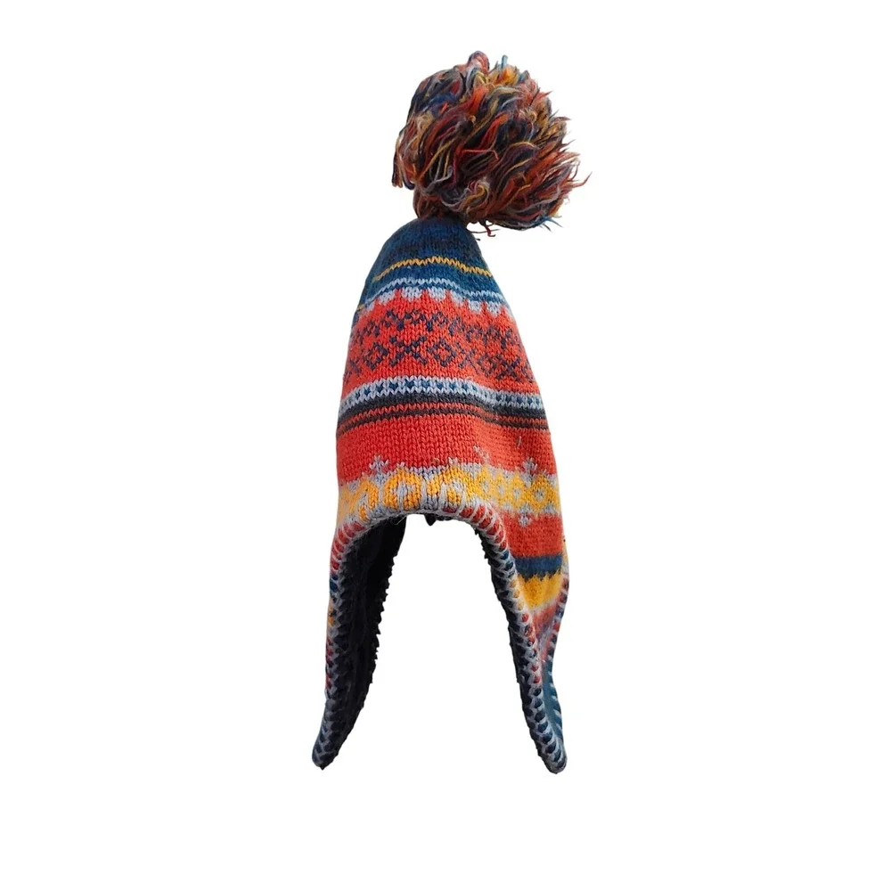 L.L. Bean Nordic Fair Isle Pom Beanie Hat Fleece Lined Ear‎ Flaps Kids S M